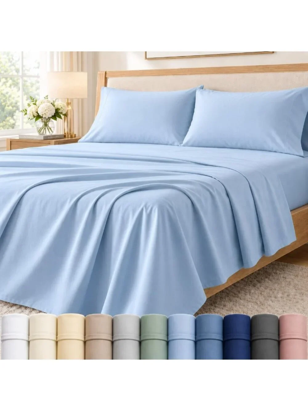Luxurious 400 Thread Count Cotton King Sheet Set - Soft Light Blue Bedding